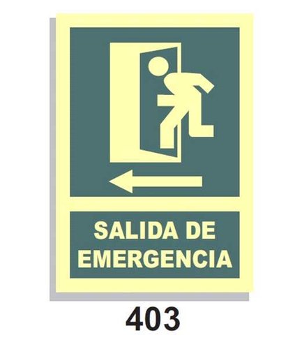 Señal Vías de Evacuación 403 Salida de emergencia con flecha y puerta izq.