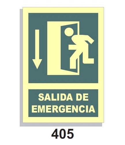 Señal Vías de Evacuación 405 Salida de emergencia con flecha y puerta abajo