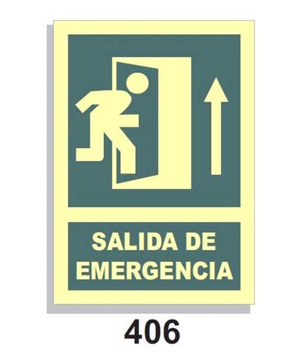 Señal Vías de Evacuación 406 Salida de emergencia con flecha y puerta arriba