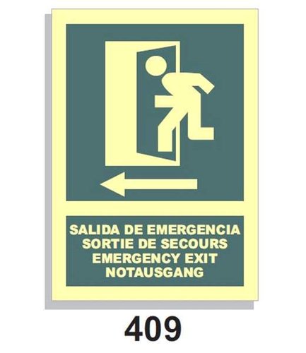 Señal Vías de Evacuación 409 Salida de emergencia - FRANCES-INGLES-ALEMAN flecha izq.