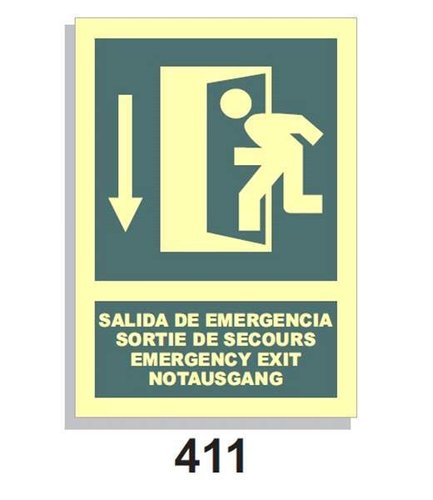 Señal Vías de Evacuación 411 Salida de emergencia - FRANCES-INGLES-ALEMAN flecha abajo
