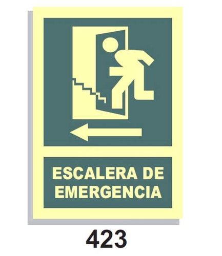 Señal Vías de Evacuación 423 Escalera de Emergencia Arriba Flecha Izq.