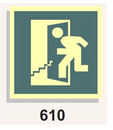 Señal Vías de Evacuación 610 icono escaleras abajo salida izquierdca